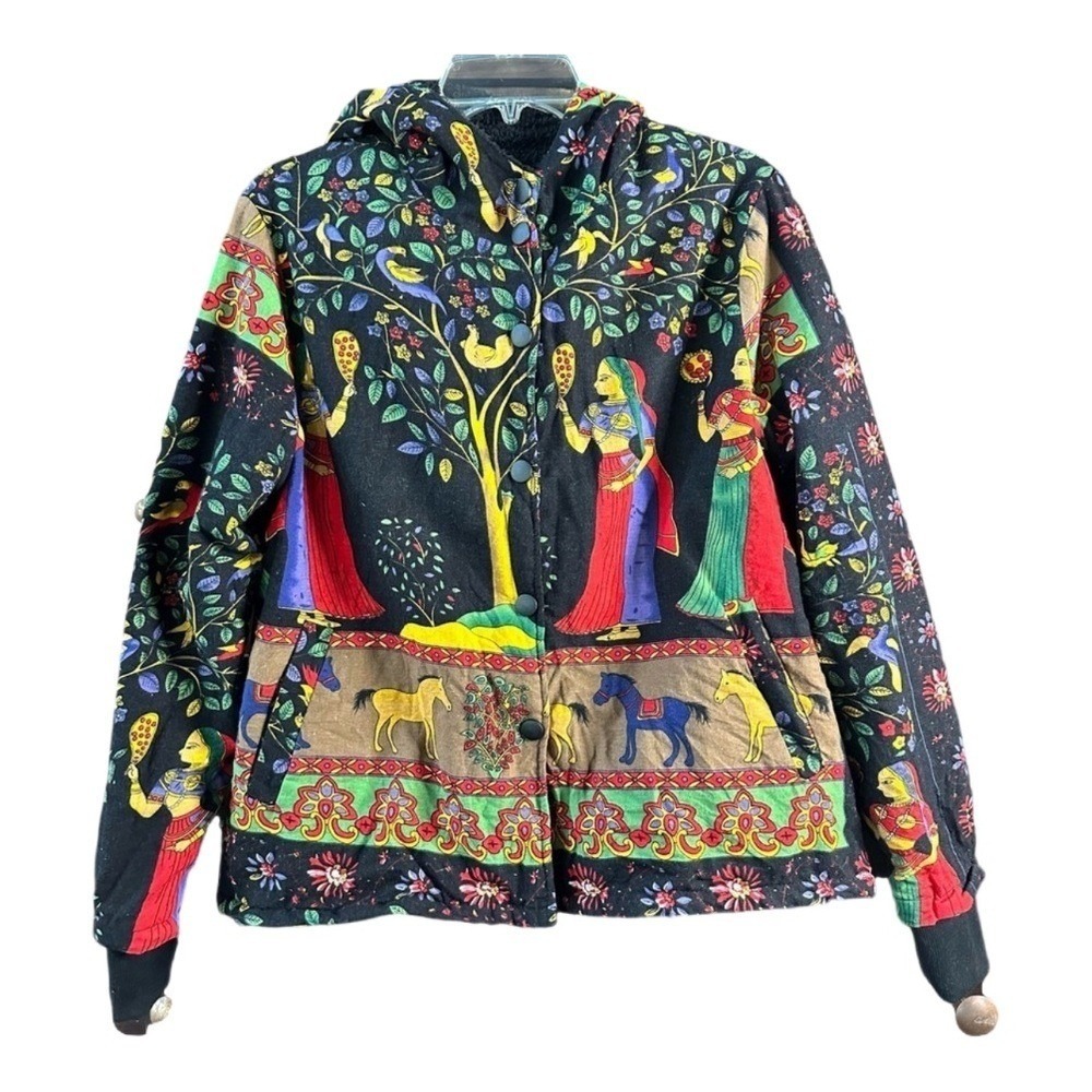 Gracila Graphic Print S/M Black‎ Floral Horses Faux Fur-Lined Hooded Wearab…